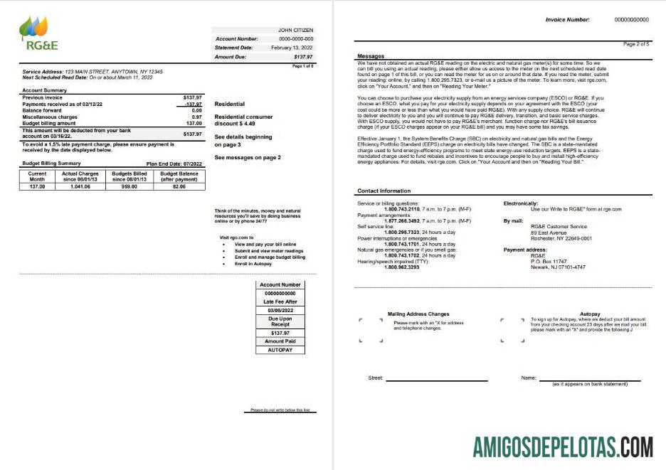 Para baixar modelo de fatura de serviços públicos RG&E dos EUA em formato Word e PDF (2 páginas) 1 2